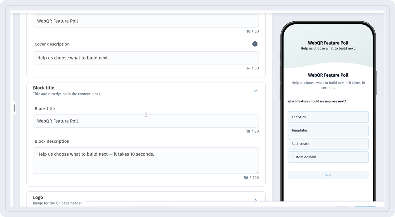 Cover fields and Block title with description, poll preview on a phone on the right