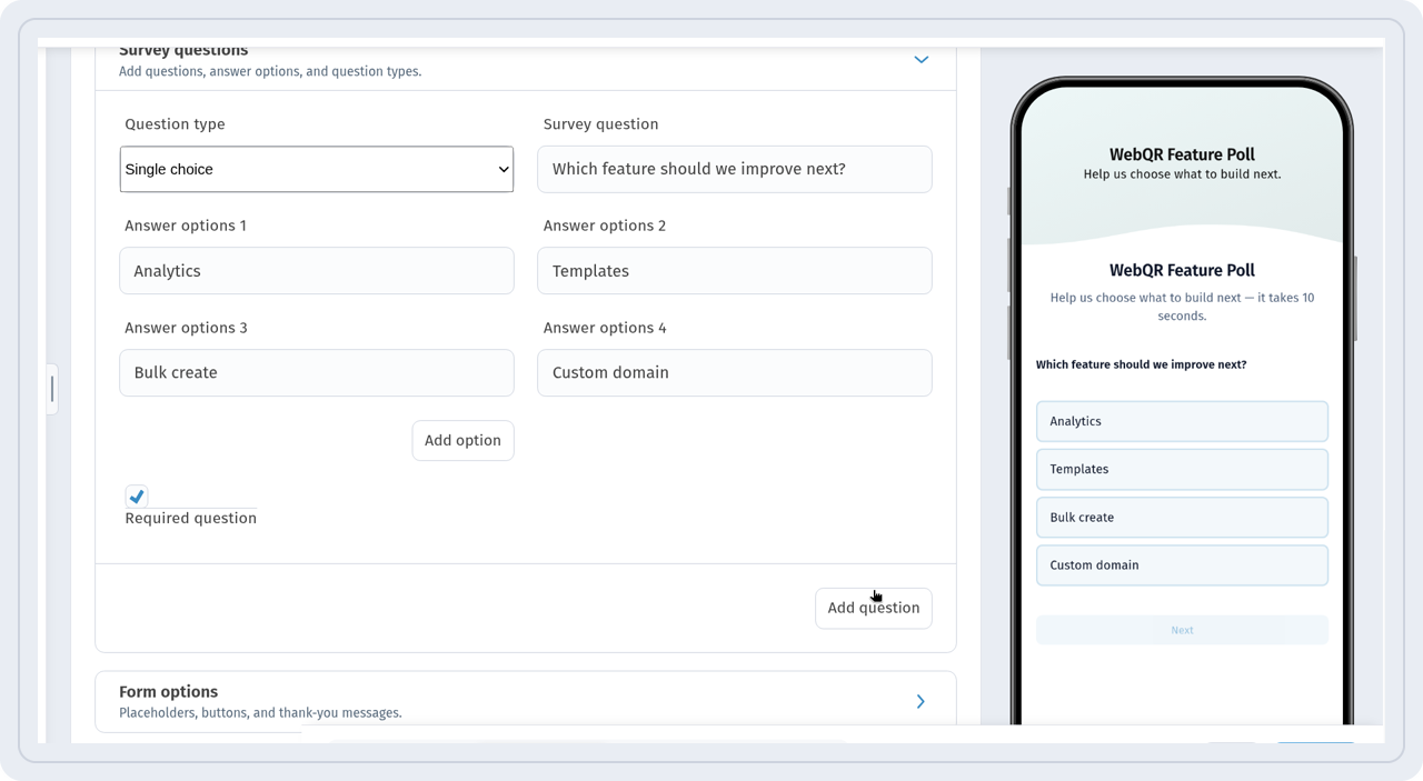Survey questions: Single choice type, the question and four answer options