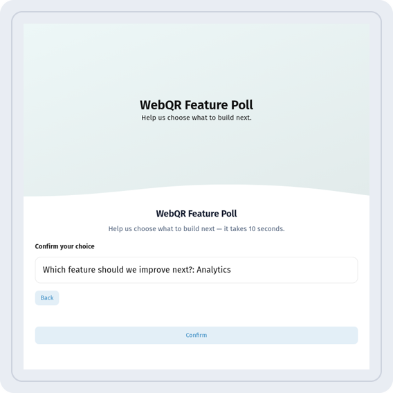 Confirmation screen with the chosen answer and Back and Confirm buttons