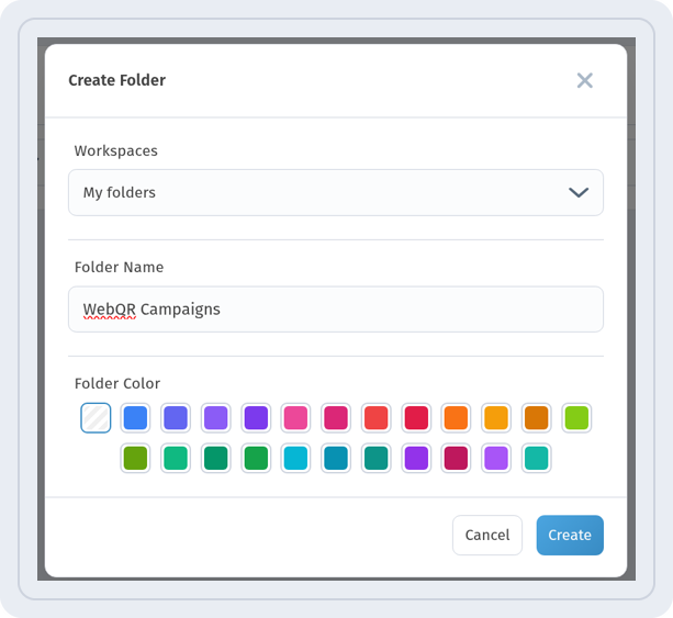 Create Folder dialog with the name WebQR Campaigns and color choice