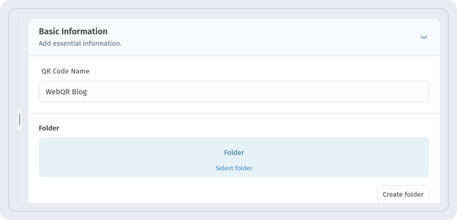 Folder field on the Settings step with Select folder and Create folder