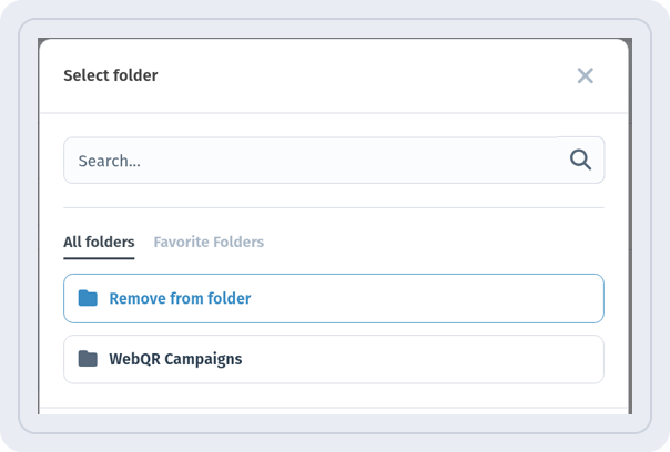Select folder dialog listing Remove from folder and WebQR Campaigns