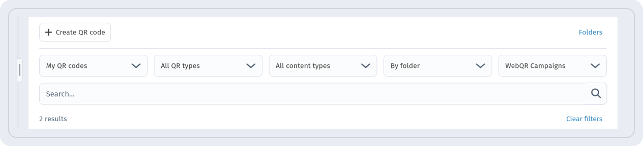 Code list filtered by the WebQR Campaigns folder: 2 results