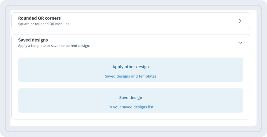 Saved designs section with Apply other design and Save design