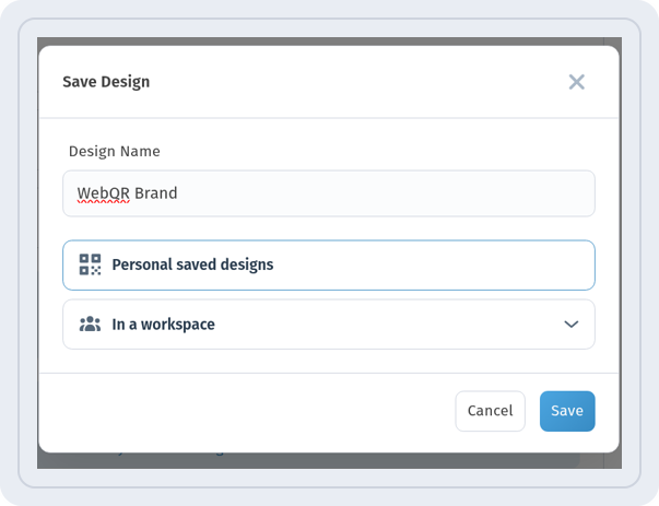 Save Design dialog with the name WebQR Brand