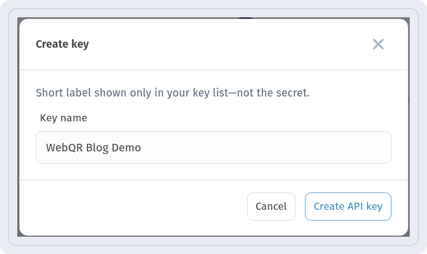 Create key dialog with the key name WebQR Blog Demo