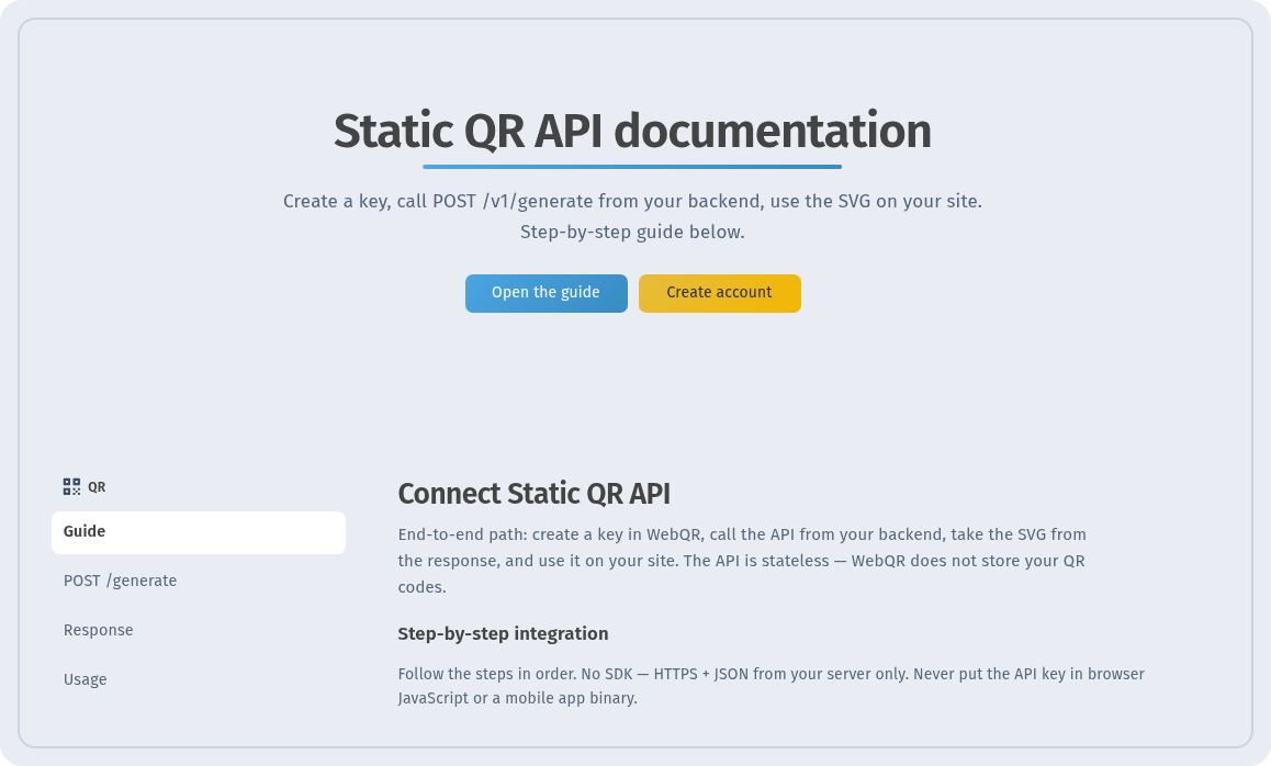 Static QR API documentation page with the Connect Static QR API guide