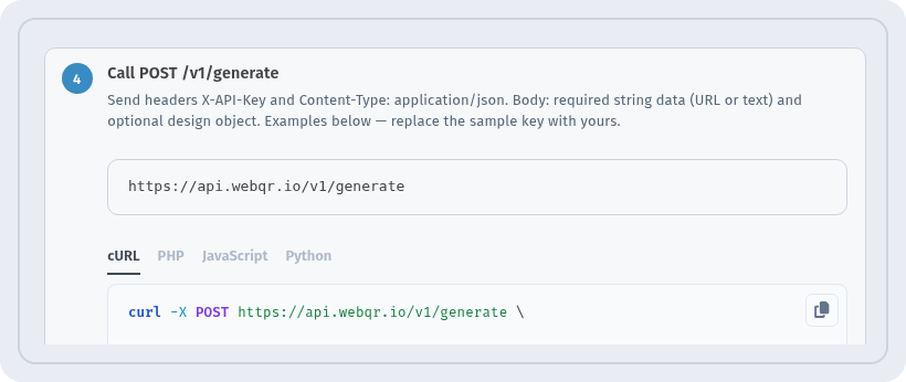 Docs step with the POST /v1/generate endpoint and the curl example