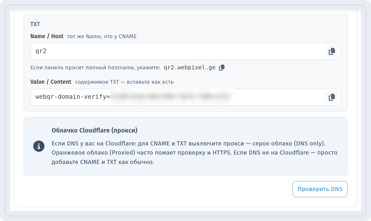 Настройка DNS: запись TXT, подсказка про Cloudflare и кнопка Проверить DNS (проверочное значение скрыто)