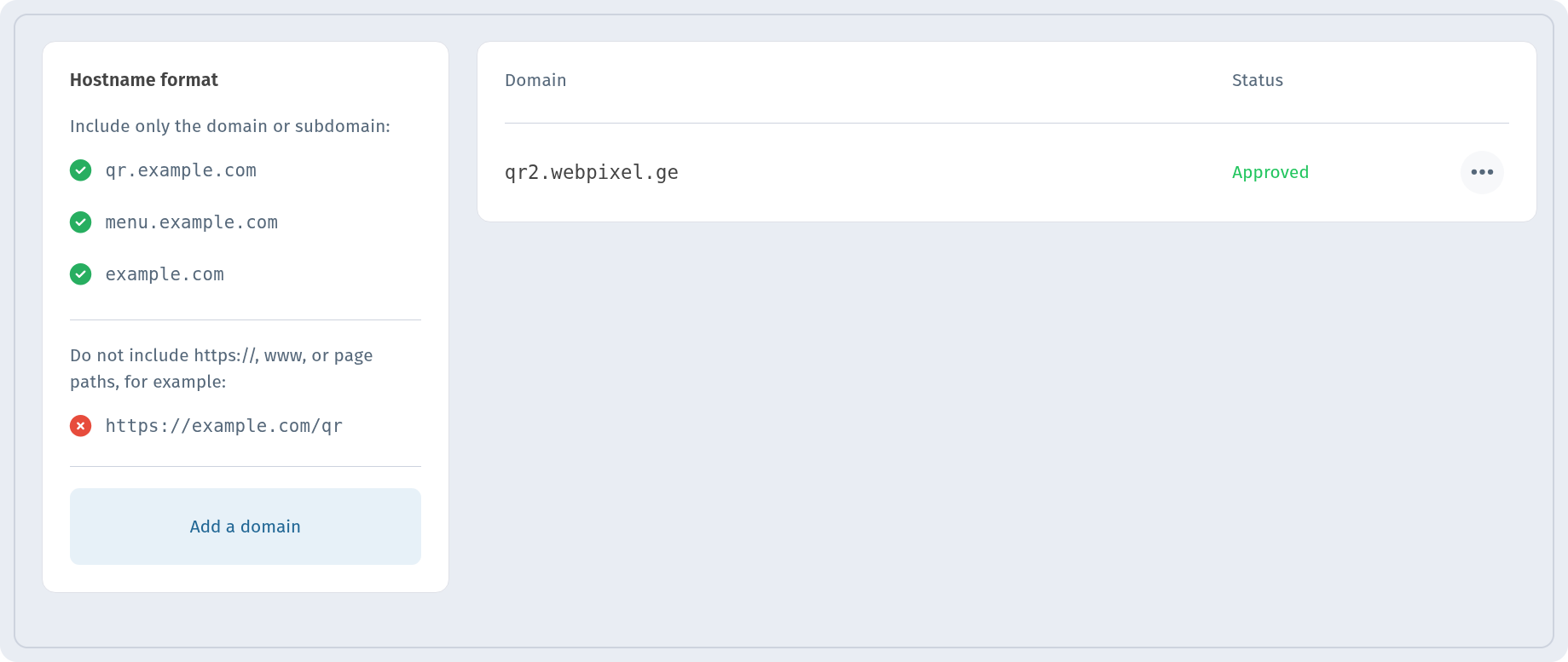 My domains page with the domain in Approved status