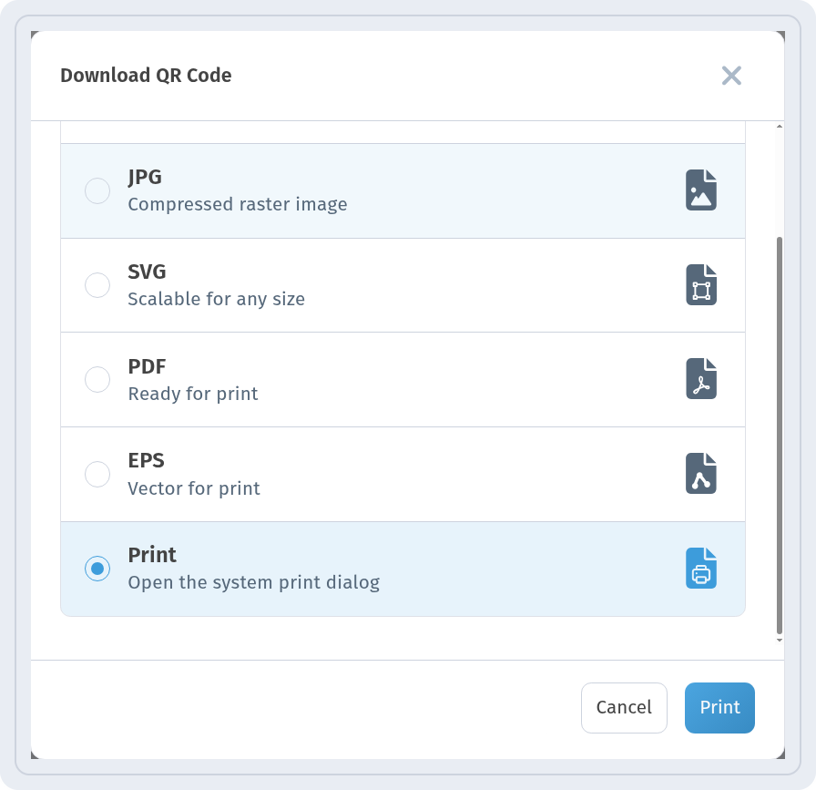 Print selected, the button at the bottom reads Print