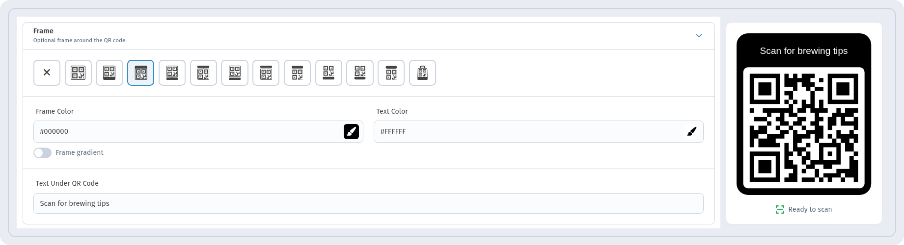 WebQR Frame section with a black frame, white text Scan for brewing tips and the preview showing Ready to scan