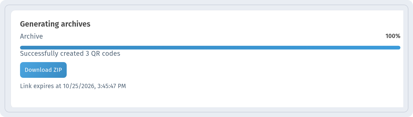 Successfully created 3 QR codes message with the Download ZIP button and the link expiry time