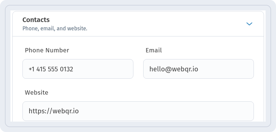 Contacts block with Phone Number, Email hello@webqr.io and Website https://webqr.io
