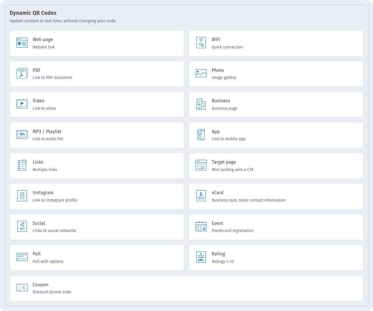 Dynamic QR Codes section in WebQR with Web page, WiFi, PDF, Photo, Video, Business and other types