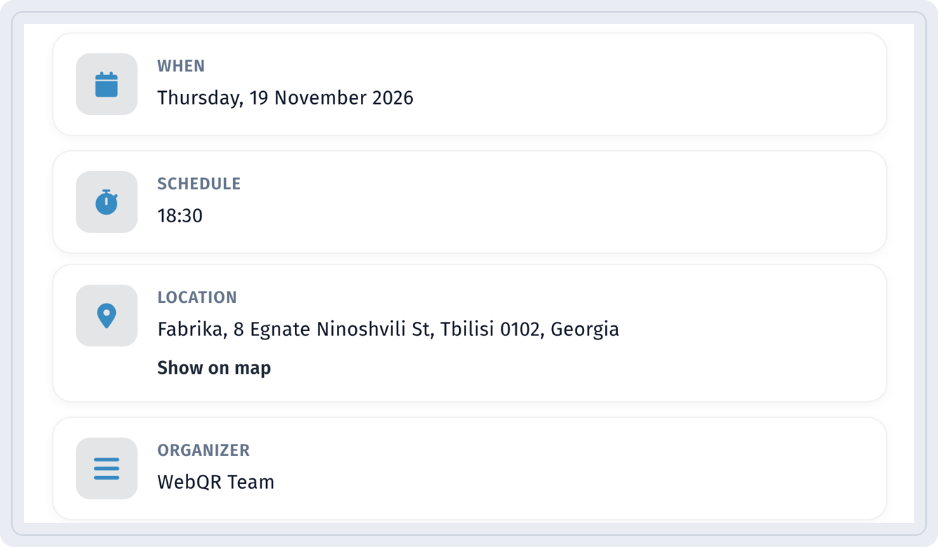 Event page on a phone with When Thursday, 19 November 2026, Schedule 18:30, Location with Show on map and Organizer WebQR Team