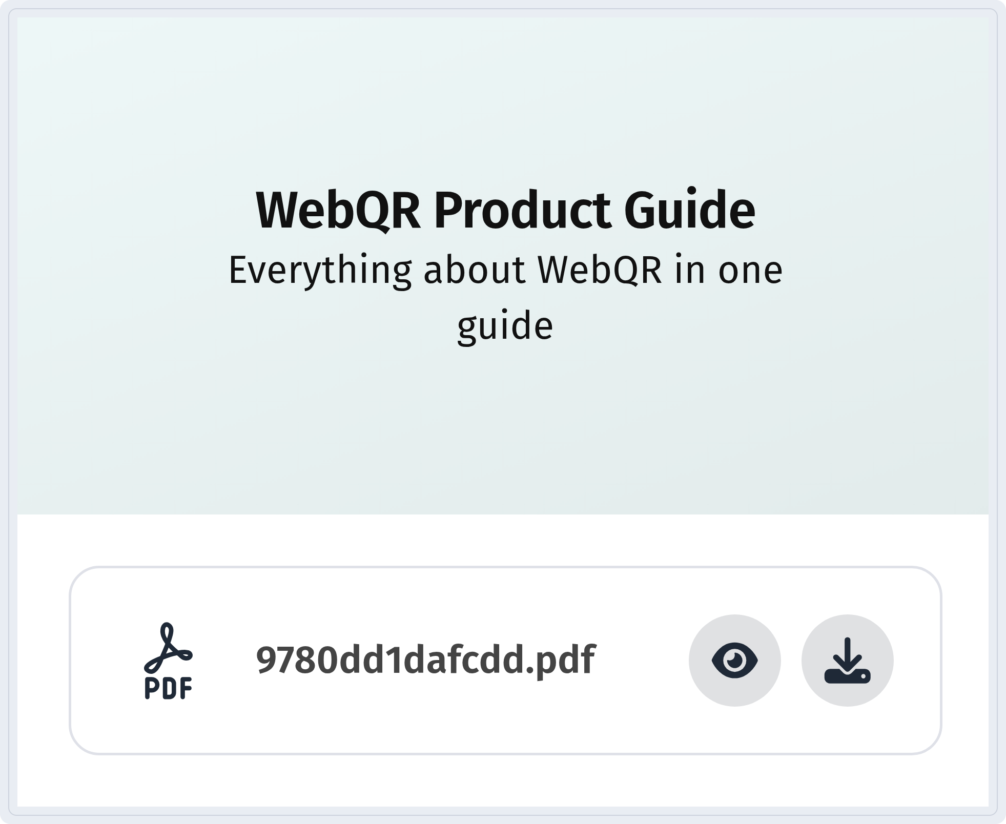 PDF page on a phone with the title WebQR Product Guide, the description and a file with view and download buttons