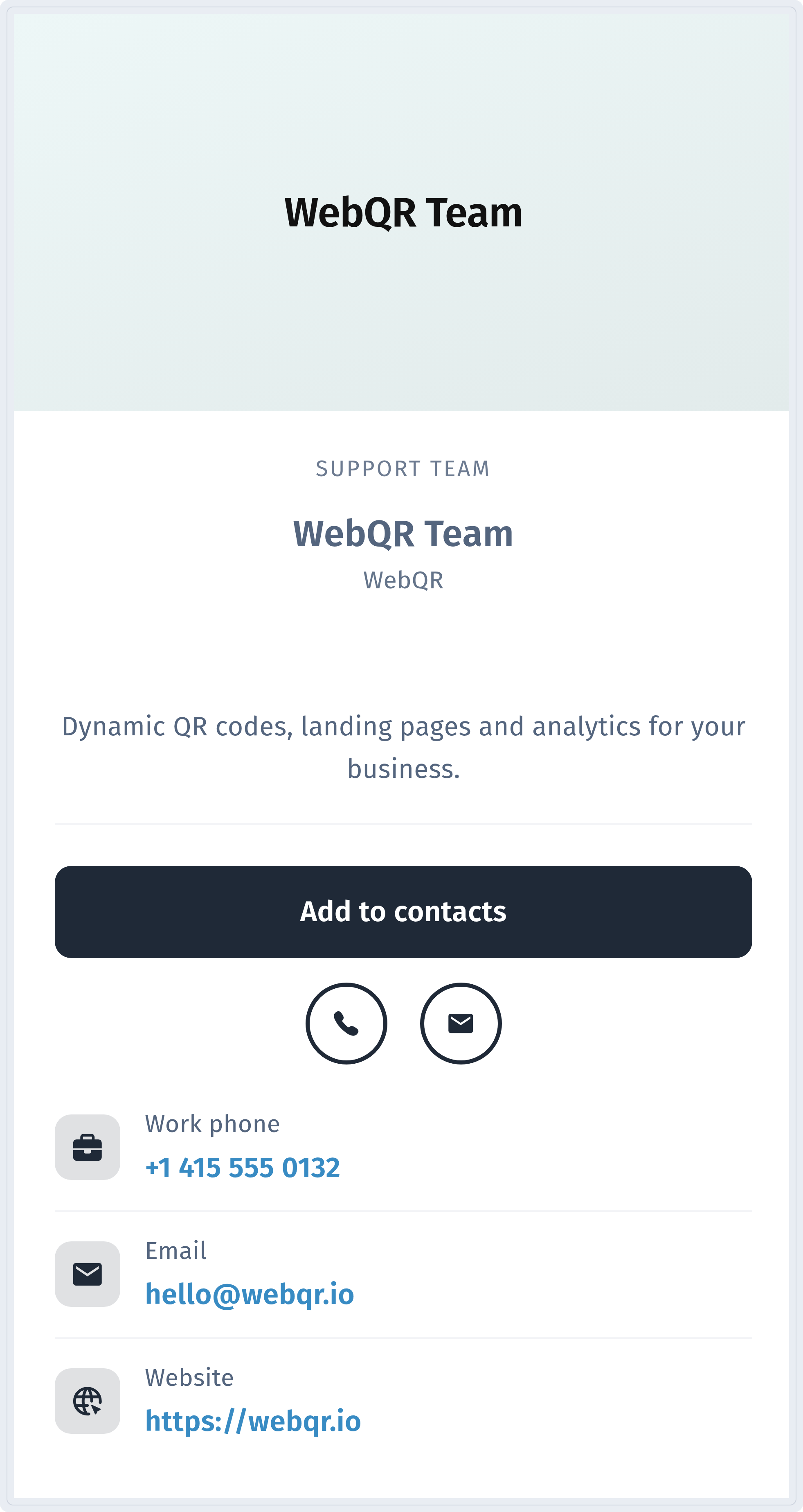 vCard გვერდი ტელეფონზე: WebQR Team, Support Team, ღილაკი Add to contacts, სამუშაო ტელეფონი, ელ-ფოსტა და ვებსაიტი