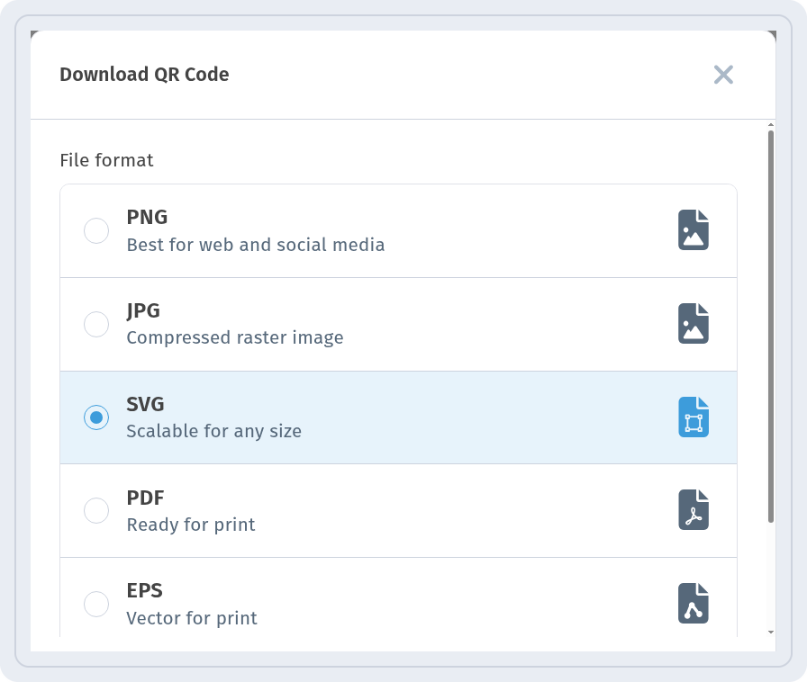 Download QR Code dialog with File format list: PNG, JPG, SVG selected, PDF, EPS