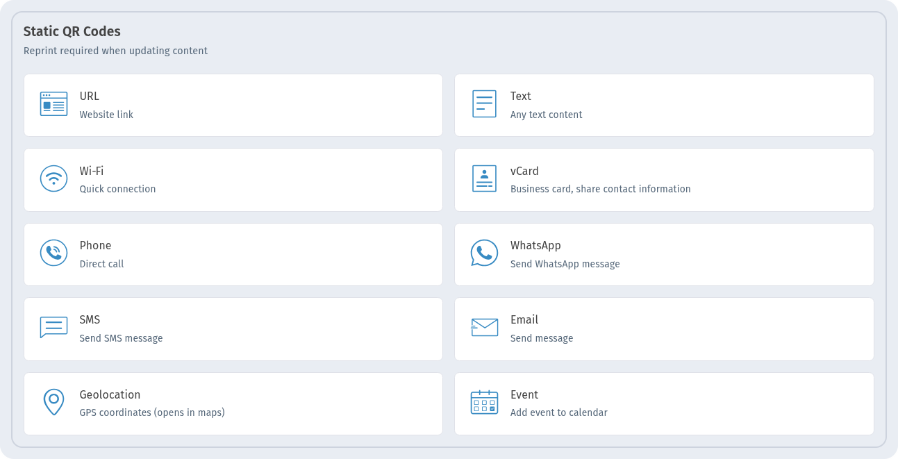 Static QR Codes section in WebQR with URL, Text, Wi-Fi, vCard, Phone, WhatsApp, SMS, Email, Geolocation and Event types