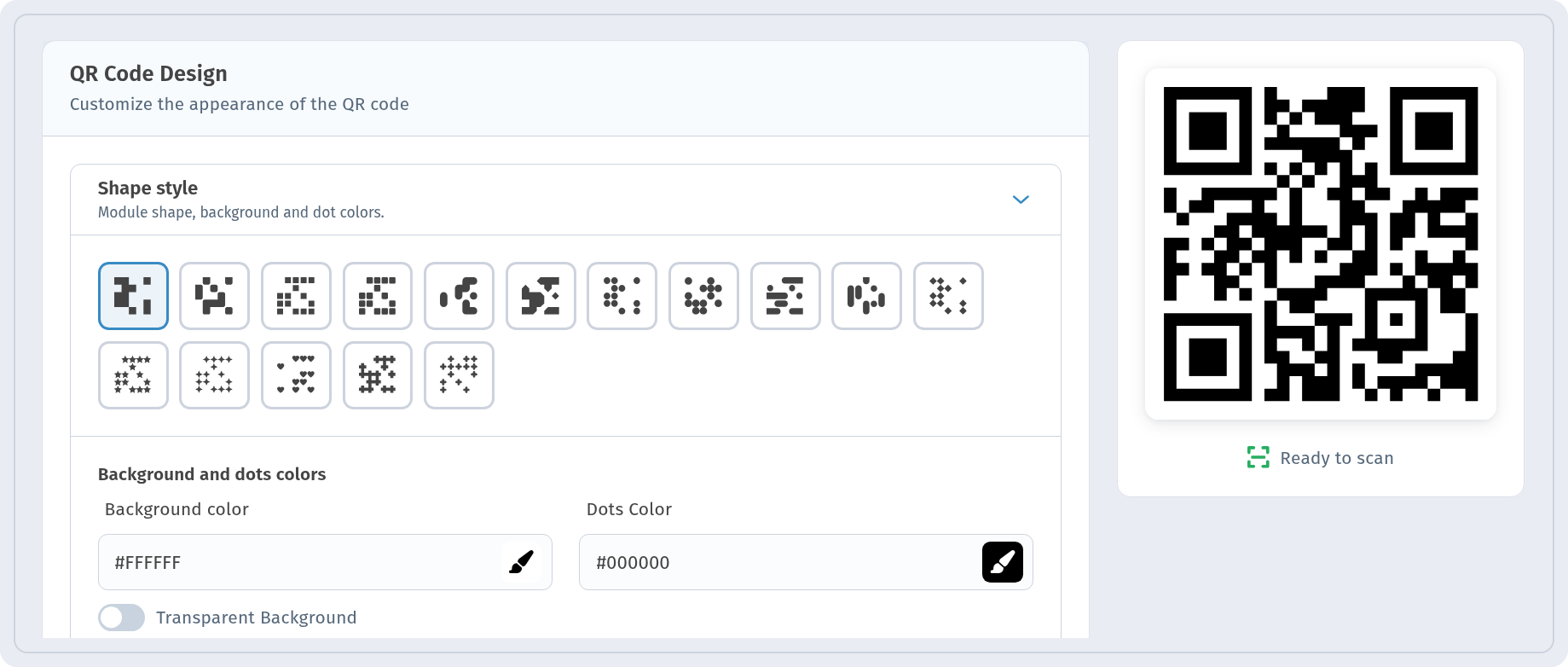 QR design step: black dots on white background, the preview shows Ready to scan