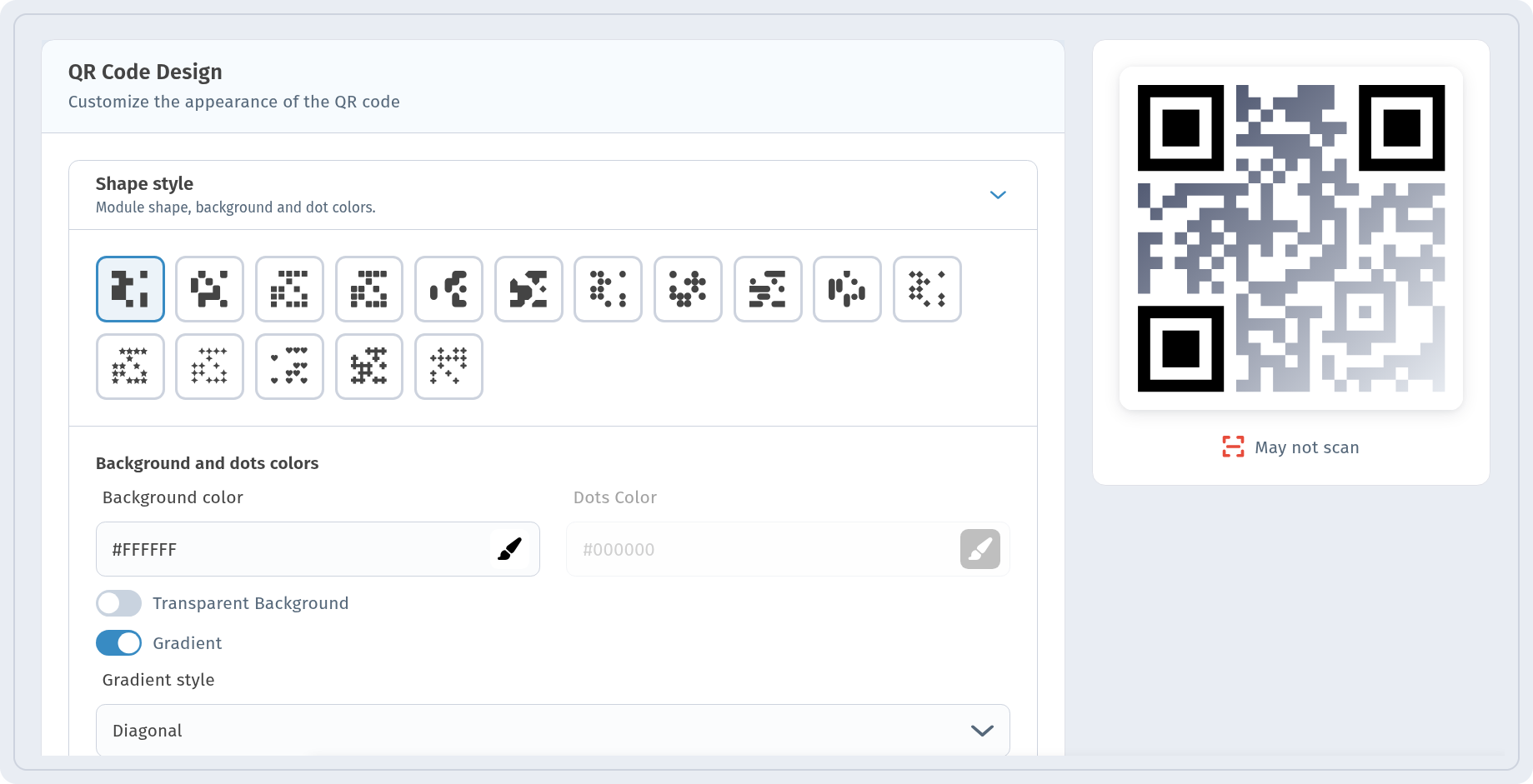 Gradient toggle on with a gradient fading to light grey, the preview shows May not scan