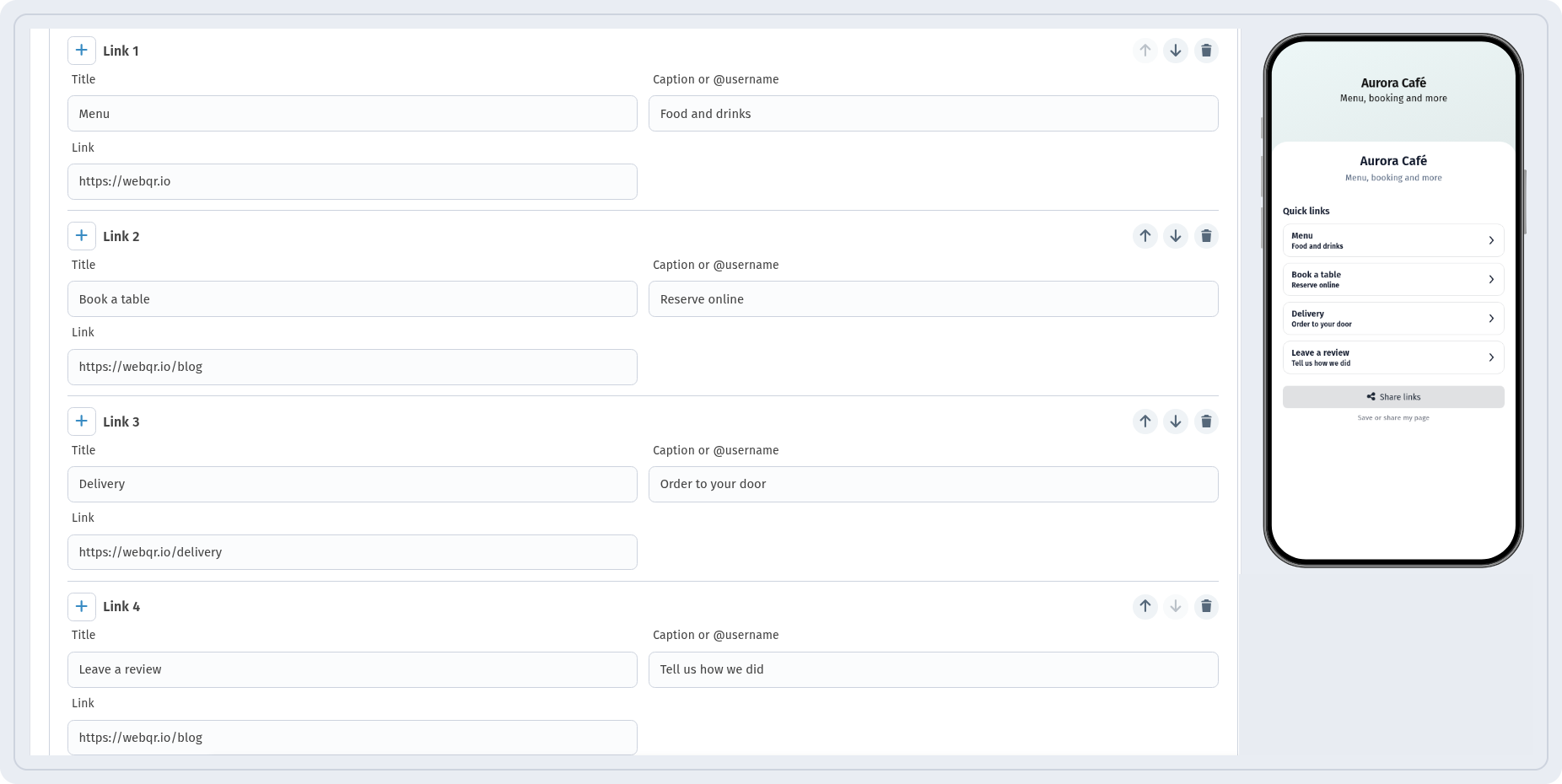 Links block in WebQR with the Quick links section, Link 1–4 with Title, Caption or @username and Link fields, move and delete icons, and the phone preview
