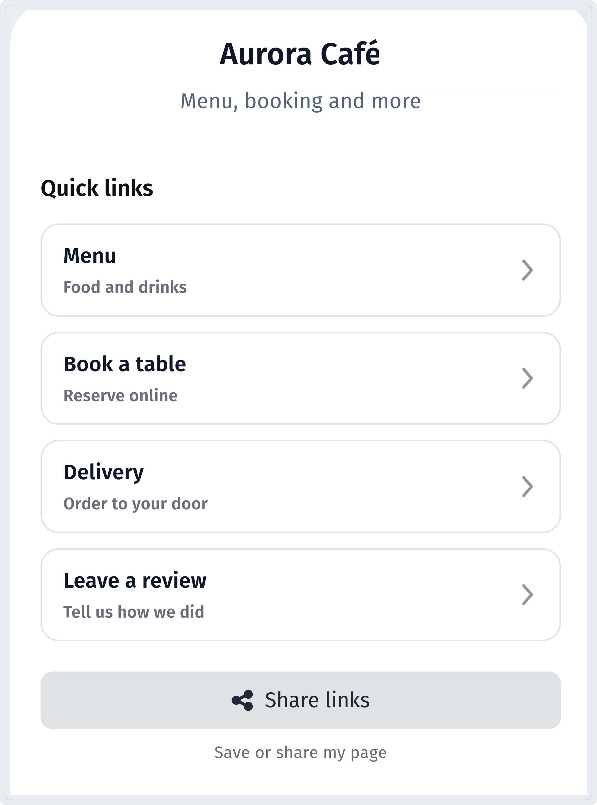 Aurora Café links page on a phone with the Quick links section, the Menu, Book a table, Delivery and Leave a review buttons and the Share links button