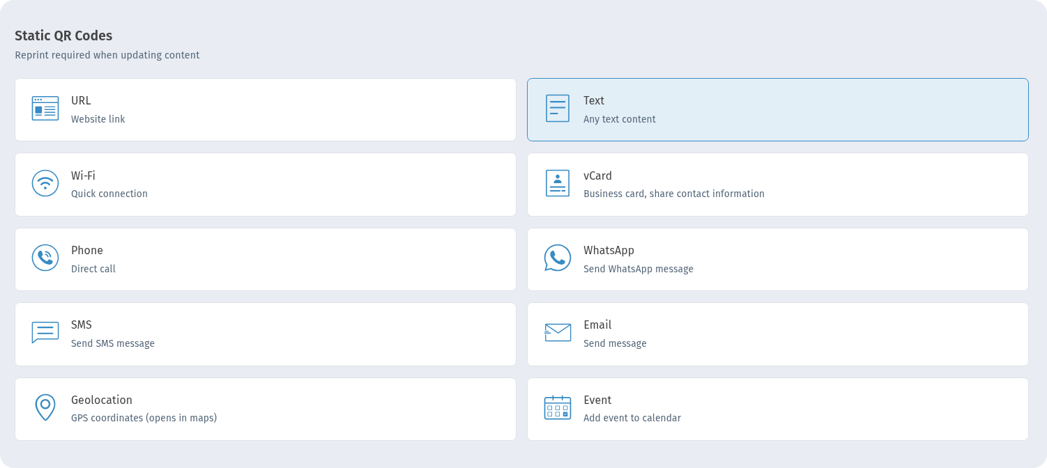 Static QR Codes section in WebQR with the Text card (Any text content) selected