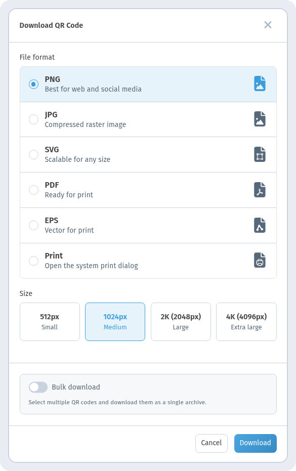 Download QR Code window with File format PNG, JPG, SVG, PDF, EPS and Print, the Size row and the Download button