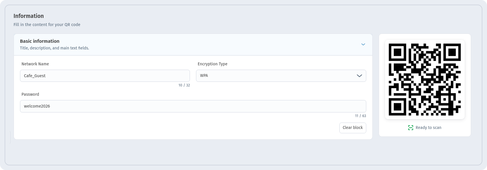 Static Wi-Fi QR code in WebQR: Basic information card with Network Name, Encryption Type WPA and Password fields