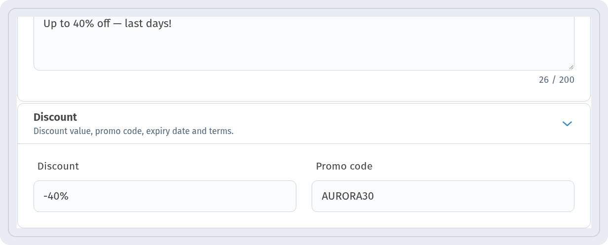 Block description Up to 40% off — last days! and Discount section with -40% and promo code AURORA30