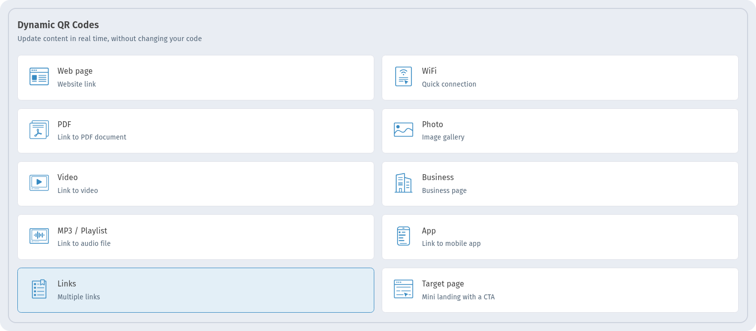 Dynamic QR Codes section in WebQR with the Links card (Multiple links) selected
