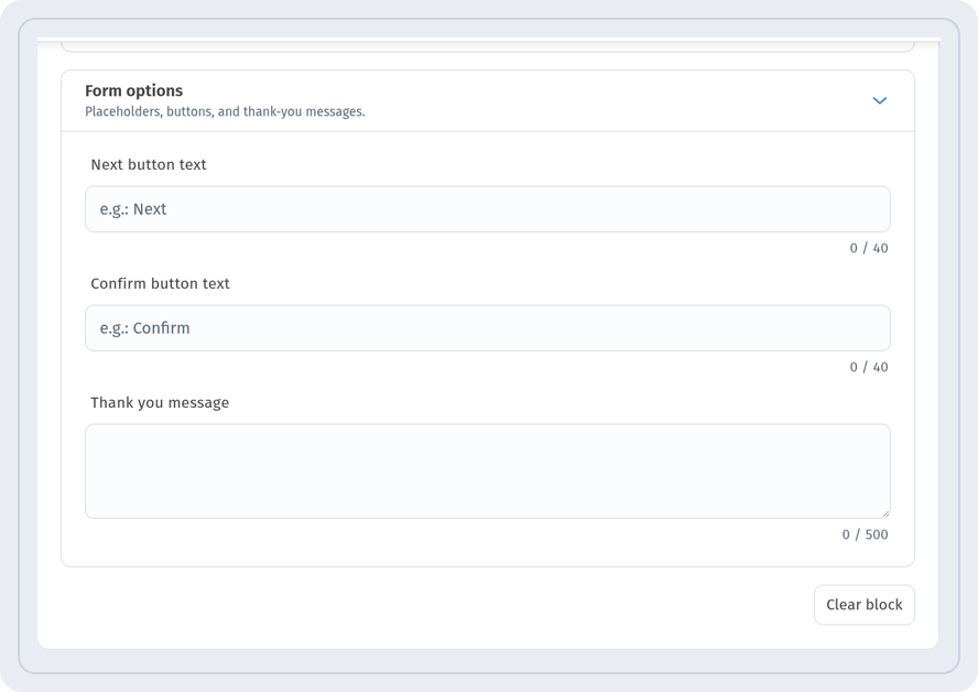 Form options: Next and Confirm button text, Thank you message
