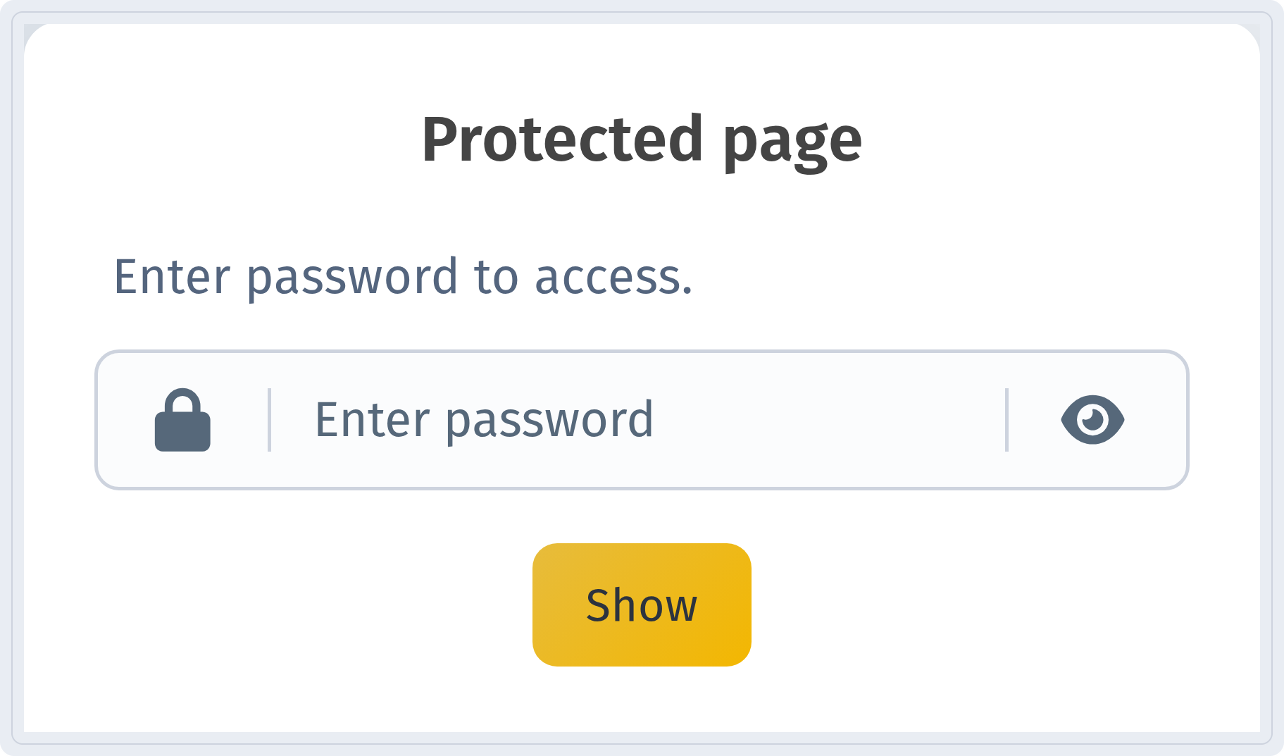 Public Protected page prompt on a phone with an Enter password field and a Show button