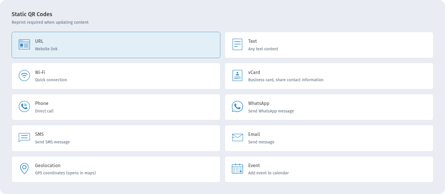 Static QR Codes section in WebQR with the Geolocation card, GPS coordinates (opens in maps)
