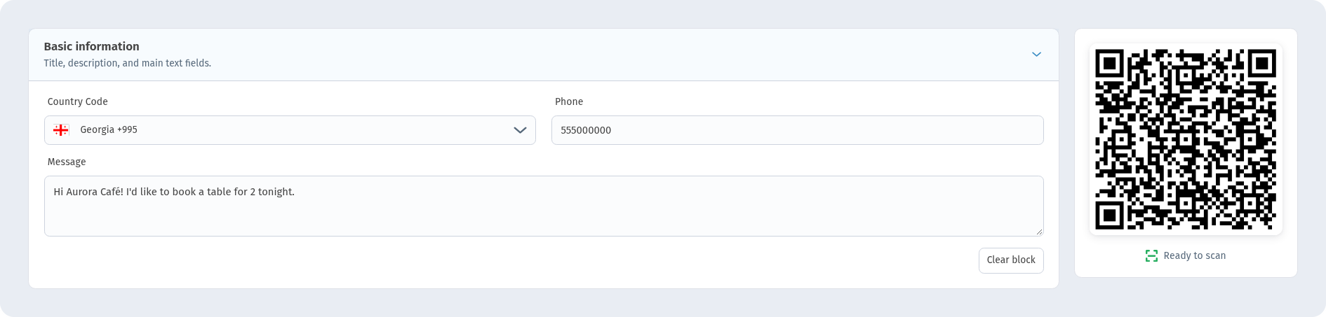 SMS form in WebQR with Country Code, Phone and a table booking message for Aurora Café