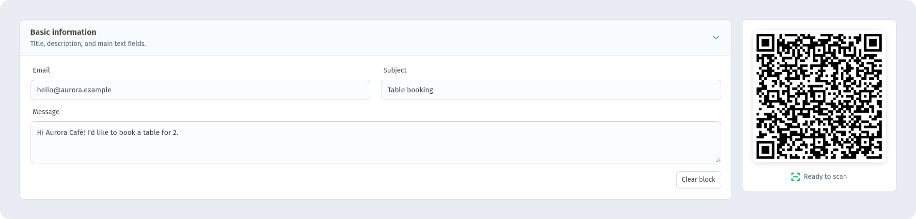 Email form in WebQR with hello@aurora.example, the subject Table booking and the message