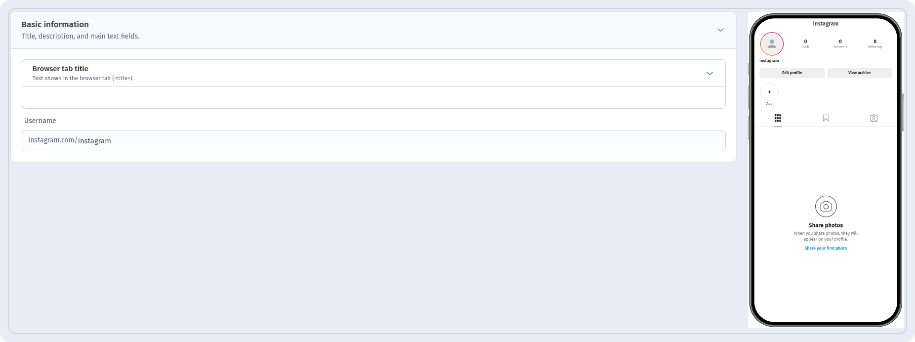 Instagram form in WebQR: the Username field with the instagram.com/ prefix and the profile preview on the right