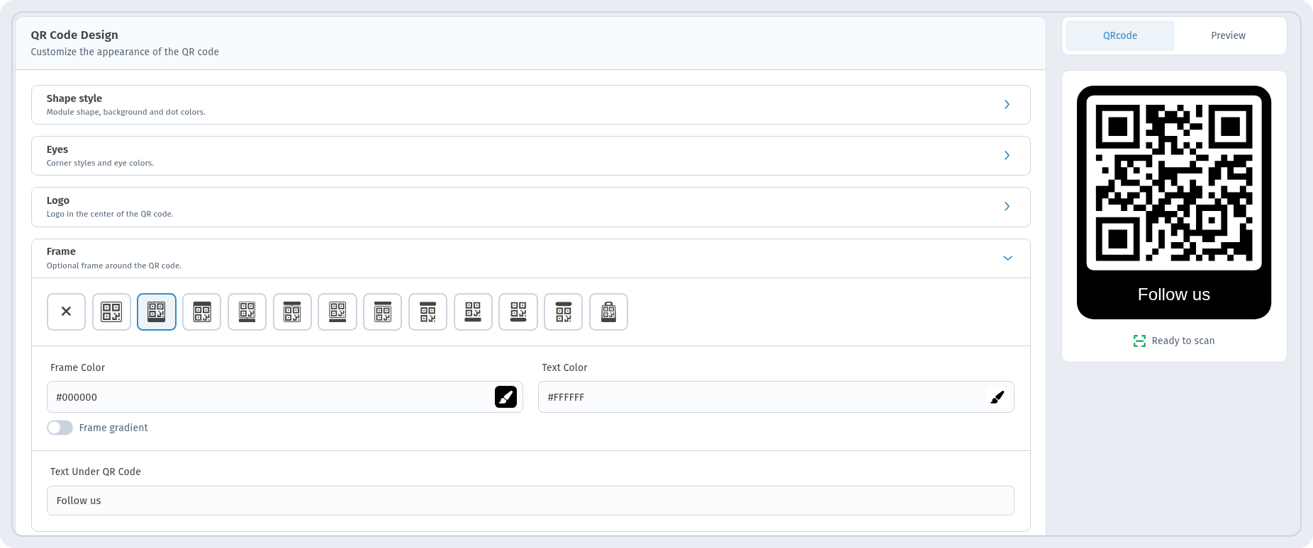 QR design step in WebQR: a black frame with the text Follow us under the code and Ready to scan in the preview