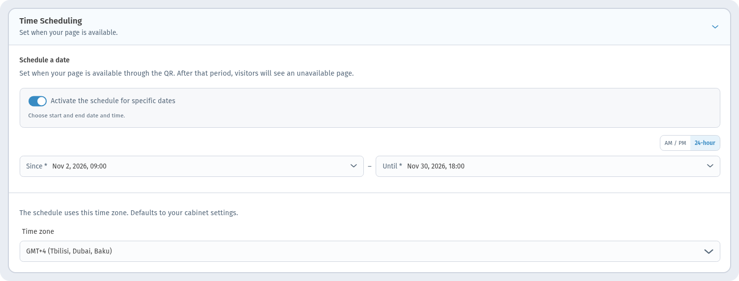 Time Scheduling block in WebQR: schedule switch, Since and Until fields, 24-hour format and time zone