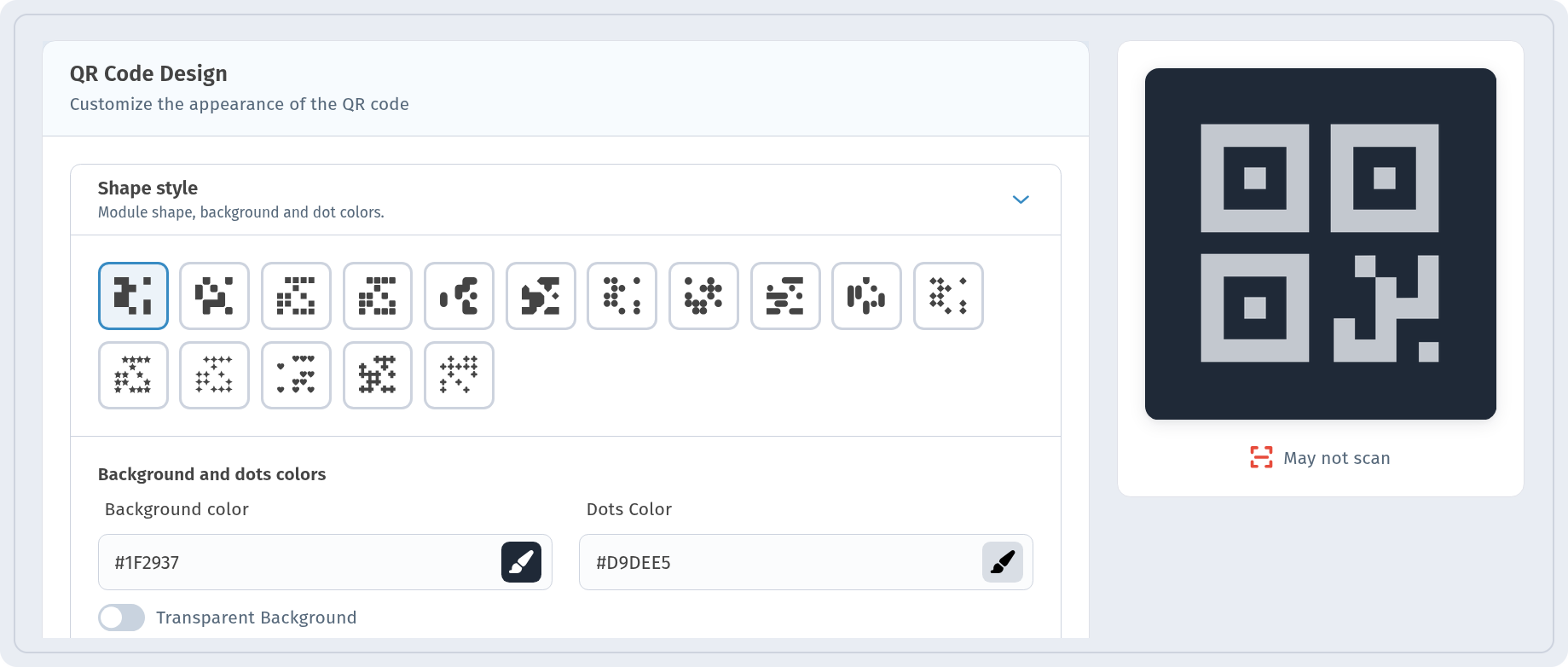 Light dots on a dark background in the QR design step, the preview shows May not scan