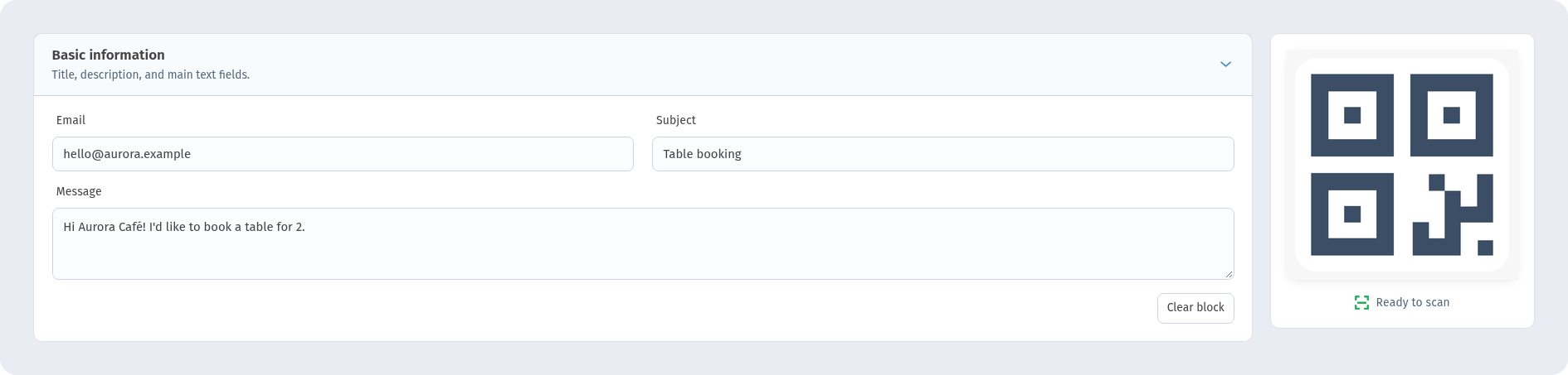 Email form in WebQR with hello@aurora.example, the subject Table booking and the message