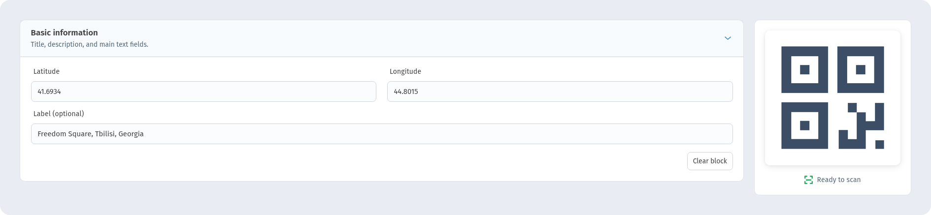 Geolocation form in WebQR: Latitude 41.6934, Longitude 44.8015, Label (optional) and the preview with Ready to scan
