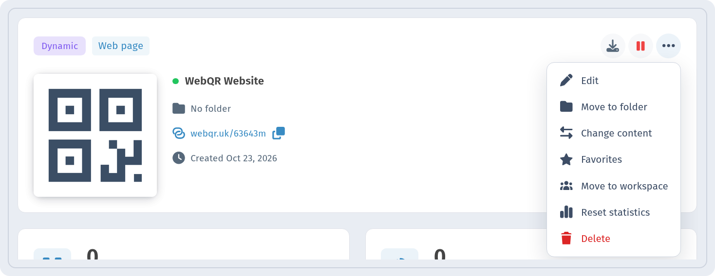 Dynamic QR code card on the analytics page in WebQR with the pause icon and the menu including Reset statistics