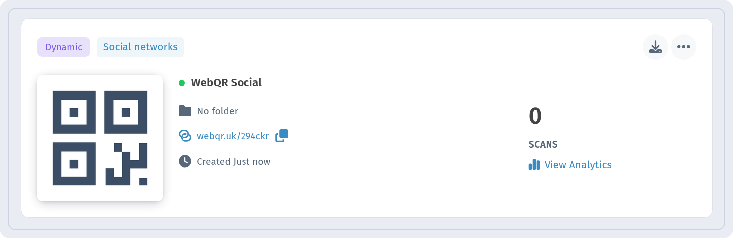 WebQR Social card in My QR codes marked Dynamic and Social networks with a View Analytics link