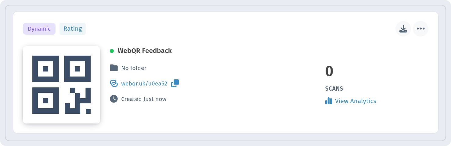 WebQR Feedback card in My QR codes marked Dynamic and Rating with a View Analytics link