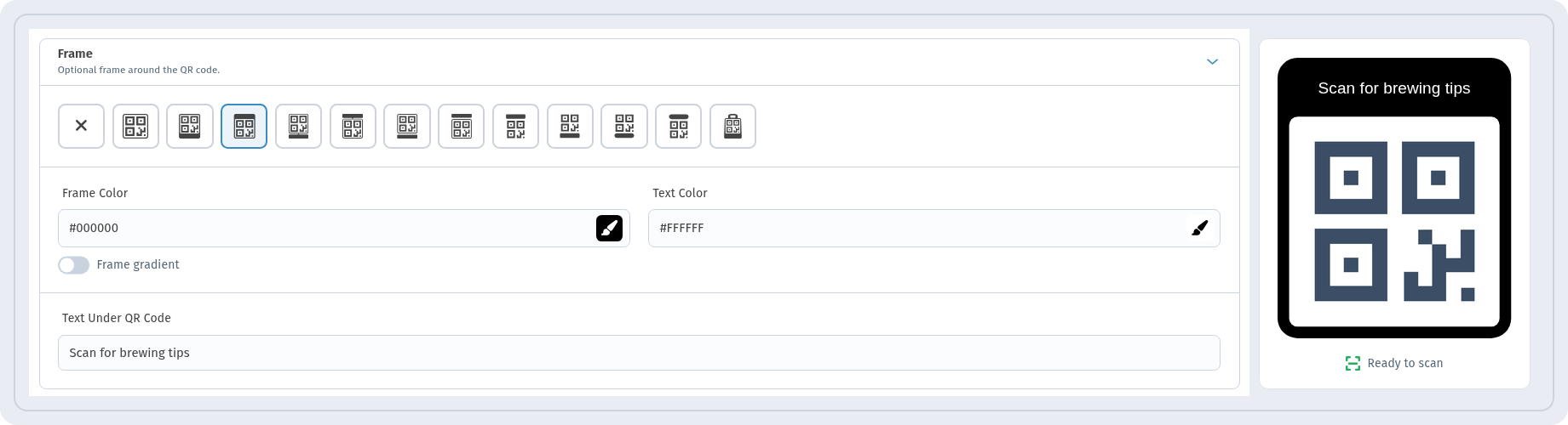 WebQR Frame section with a black frame, white text Scan for brewing tips and the preview showing Ready to scan
