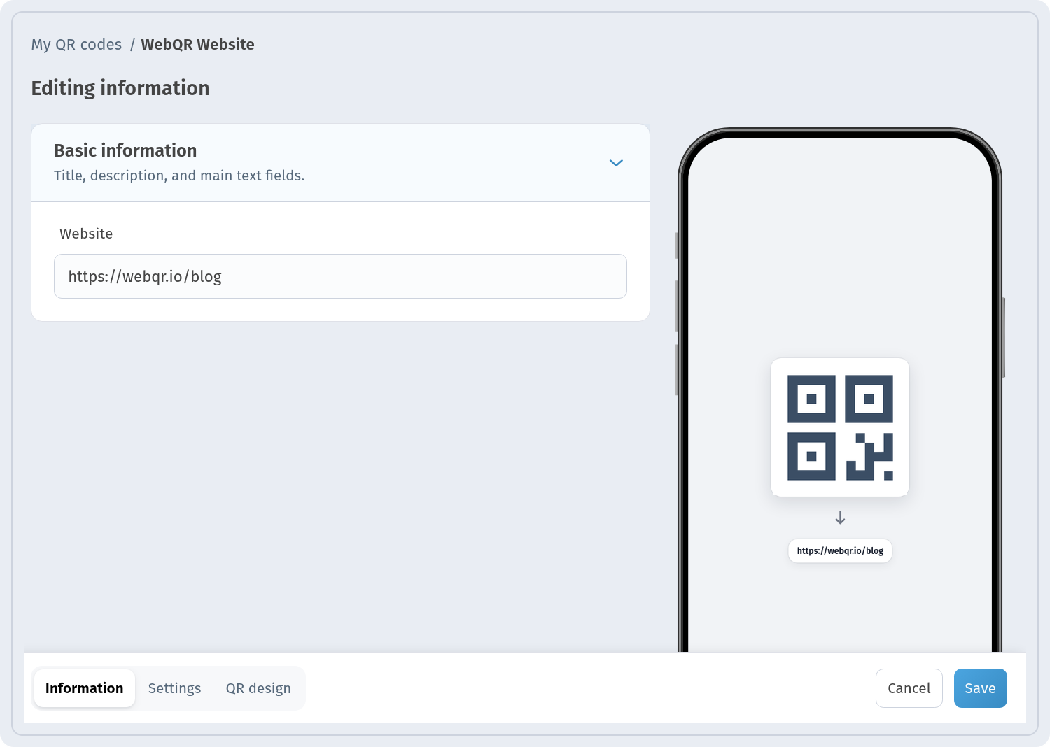 Editing information page in WebQR with the Website field containing a new URL, the updated preview and the Information, Settings and QR design tabs