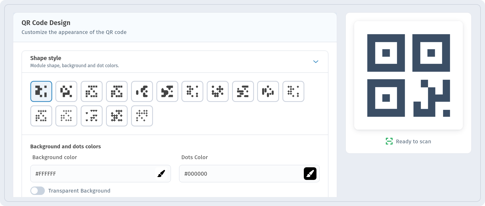 QR design step: black dots on white background, the preview shows Ready to scan